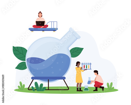 Scientists working on chemical experiments with a giant flask. One handles test tubes, another pours liquid, and a third works on a laptop vector illustration.