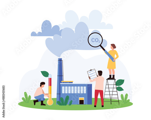 Team analyzing CO2 emissions from a factory. One uses a magnifying glass on smoke, another records data on a clipboard, and a third measures temperature vector illustration