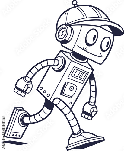 waking a Friendly AI bot robot cartoon character flat vector illustration