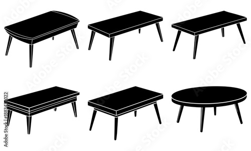 Five black coffee tables with four legs on white background silhouette