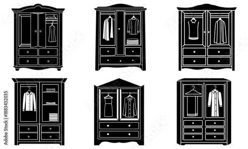 Five Wardrobes with Clothes and Drawers on White Background closet hanging garments