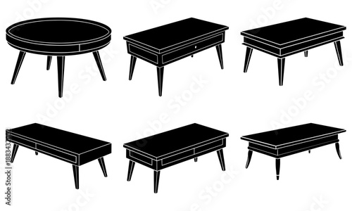 Five black wooden tables with four legs on white background