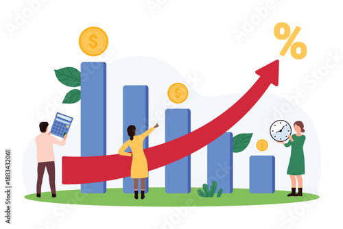 Impact of inflation growth on income reduction, stagflation in economy, unemployment and finance crisis. Tiny people study charts of economic recession, profit loss cartoon vector illustration