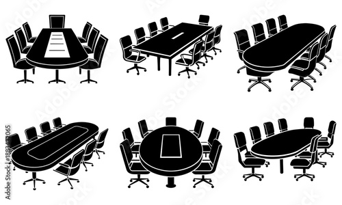 Set of six black conference tables with chairs on white background black table office furniture