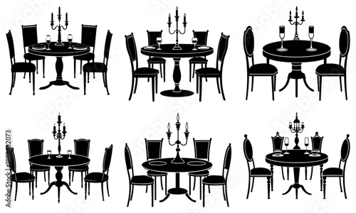 Set of six dining tables with chairs and chandeliers in black and white silhouette style on white background