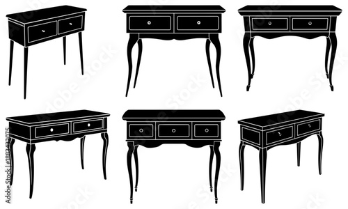Black and white vintage console tables with drawers on white background vintage furniture cabinet