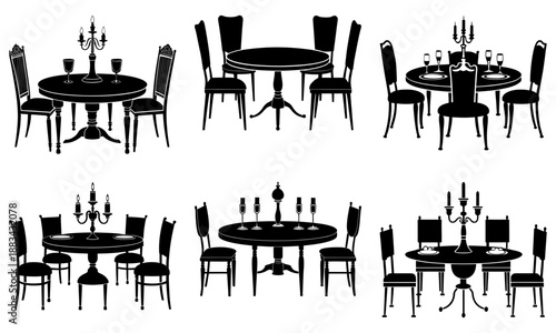 Set of six dining table and chair silhouettes with chandeliers and wine glasses on white background chairs