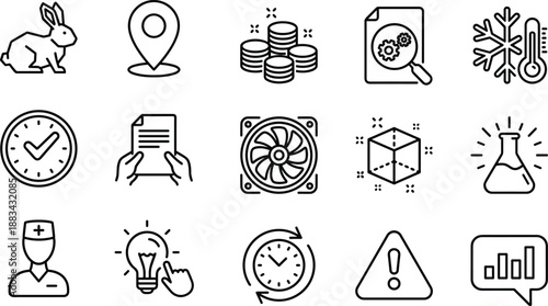 Technology and business line icons set, analytics, document search, cooling fan, package, science, warning, location, medical, innovation symbols