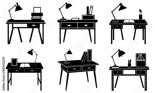 Six Black Desks with Lamps and Office Supplies on White Background