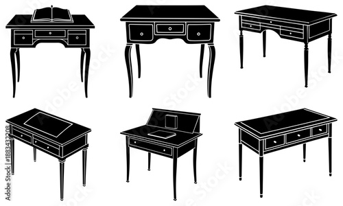 Six Vintage Desks with Drawers in Black and White Silhouette on White Background antique furniture
