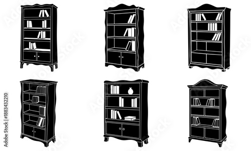 Five black and white bookshelf silhouettes with books and decorative on a white background decorative white background