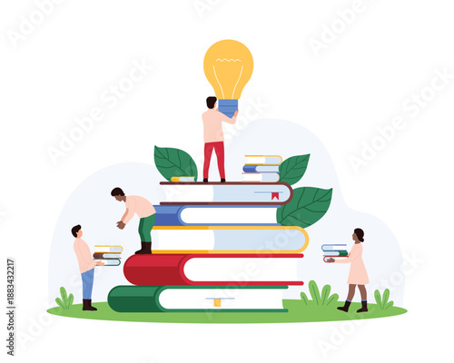 Knowledge and learning help in creation of new ideas, inspiration of wisdom. Tiny people standing on stack of book, textbook and encyclopedia, student holding light bulb cartoon vector illustration