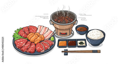 Traditional Japanese Yakiniku Set with Raw Beef Slices, Pork Belly, Charcoal Grill, and Dipping Sauces