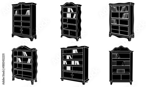 Five Black Wooden Bookcases with Books on White Background