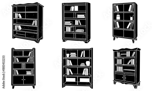 Five black bookshelves with books and decorative on white background bookshelf