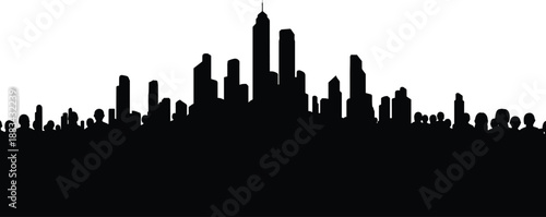 Urban skyline silhouette with diverse faceless people in foreground, symbolizing city life, architecture, and human presence