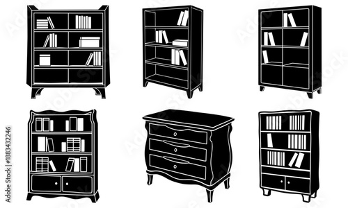 Five Black Wooden Bookcases with Books and Drawers on White Background shelves