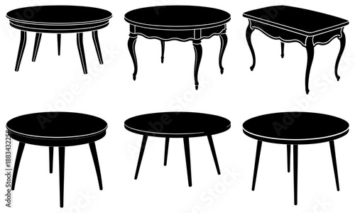 Set of six black and white furniture table silhouettes on white background