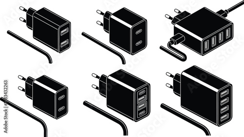 USB wall charger adapters set, multi port power plugs with cables isolated black technology charging device vector collection