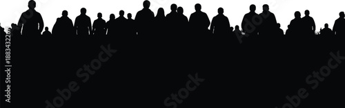 Black silhouette of diverse people standing together in unity, symbolizing social gathering, protest, and public assembly