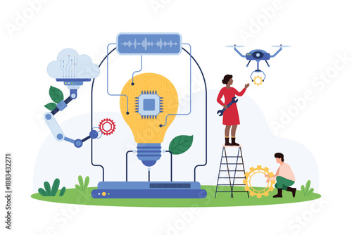 Success of digital project and creative idea, AI assistance in analysis. Tiny people and robot assistant with cloud connection work on study light bulb inside lab equipment cartoon vector illustration