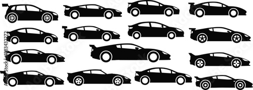 Collection of 15 Black Car Silhouettes Featuring Hatchbacks, Sedans, and Sports Cars in Side Profile View
