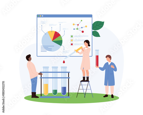 Scientists conducting experiments and analyzing results, using charts and graphs to interpret data and make informed decisions in a laboratory setting, vector illustration.