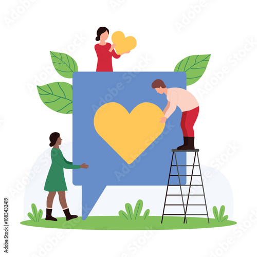 Social media likes and comments, repost notification, blog post feedback. Tiny people vote for content with heart inside big speech bubble, rating text in chat dialog cartoon vector illustration