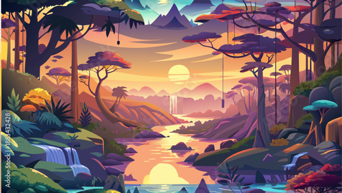 Vibrant sunset forest landscape with river and waterfall