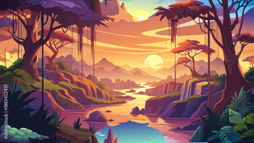 Tropical sunset landscape with river and mountains