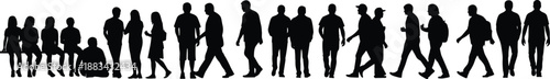 Silhouettes of 20 People in Mixed Poses Including Sitting, Standing, and Walking Representing Diversity and Human Motion