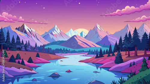 Serene mountain landscape with river and sunset