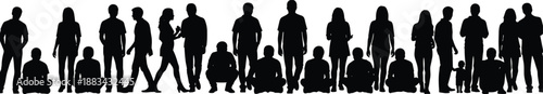 Silhouettes of Diverse People in Various Poses Including Standing, Sitting, Squatting, and Walking on White Background