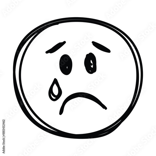Sad crying emoji face hand drawn doodle sketch vector icon with single tear drop expression