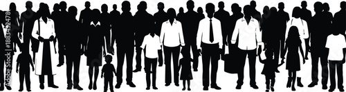 Silhouettes of Diverse People Including Children and Professionals Representing Community, Occupations, and Social Unity on White Background