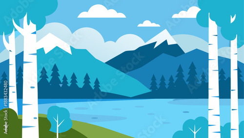 Serene mountain lake with birch trees