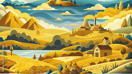 Fantastical desert landscape with pyramids and castle