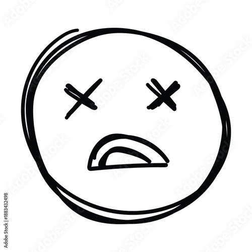 Dead or knocked out emoji face hand drawn doodle sketch vector icon with cross eyes expression