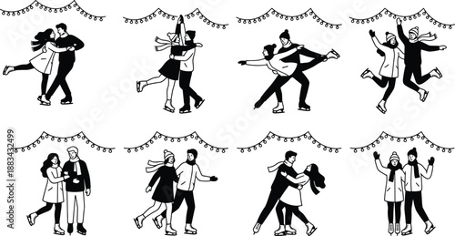 Winter couple ice skating scenes set, romantic holiday rink moments with festive lights, playful seasonal vector collection