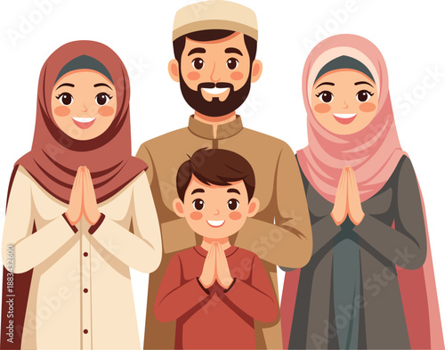 A Muslim family of three adults and one child wearing traditional clothing with hands together in prayer for Eid Mubarak against a plain background with a joyful and festive mood.