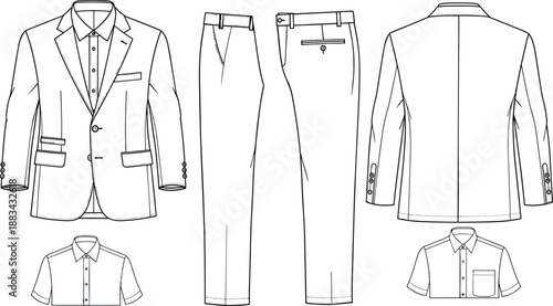 Technical fashion sketches of men’s formal outfit including suit jacket, dress pants, and short-sleeve dress shirts