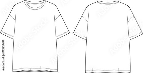 Technical flat sketch of oversized crew neck T-shirt showing front and back views with seam line details