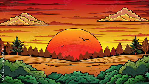 Vibrant sunset landscape with wildlife