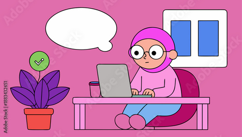 Focused woman working on laptop with thought bubble