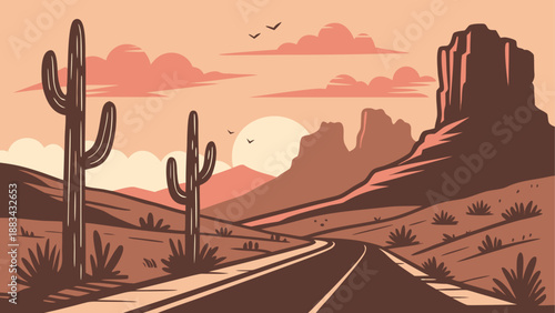 Desert sunset with cacti and road