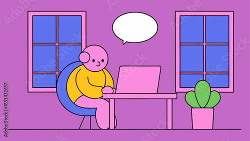 Happy worker at desk with laptop and speech bubble