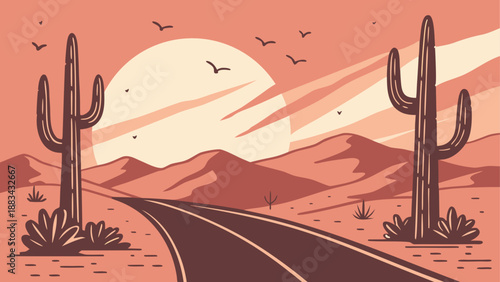 Desert sunset with cacti and road