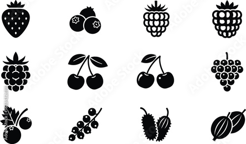 A collection of various berry and small fruit icons in black and white silhouette style