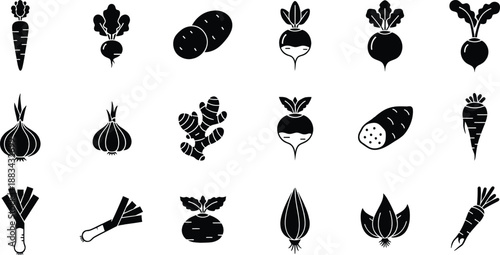 Simple icons of various root vegetables including carrots, potatoes, onions, and beets