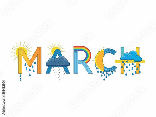 Creative Illustration of the Month of March, with Weather Icons and Typography